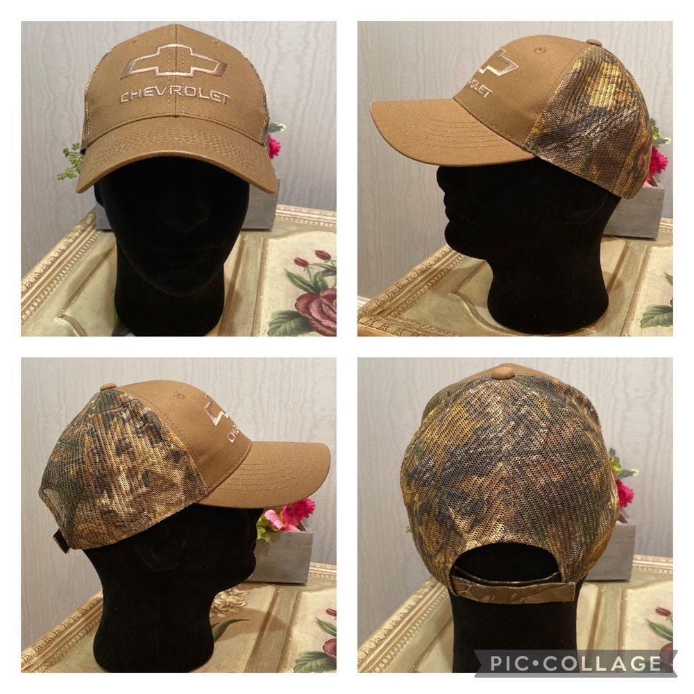 Chevrolet Chevy Camo Tan Mesh Back Trucker Hat Embroidered Logo Strapback